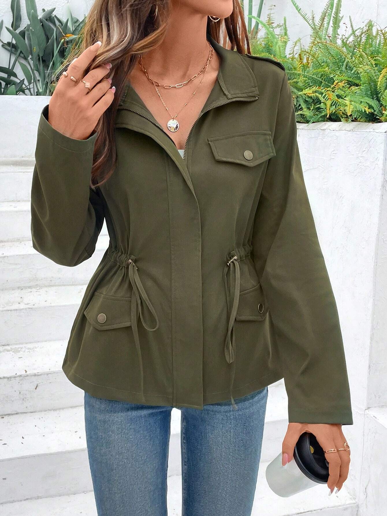 Women'S Fashion Utility Jacket - Giacca da donna con cintura a
